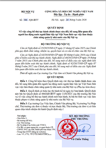 CẬP NHẬT QUAN TRỌNG: QUYẾT ĐỊNH 346/QĐ-BNV CỦA BỘ NỘI VỤ CHÍNH THỨC CÓ HIỆU LỰC TỪ 24/3/2026